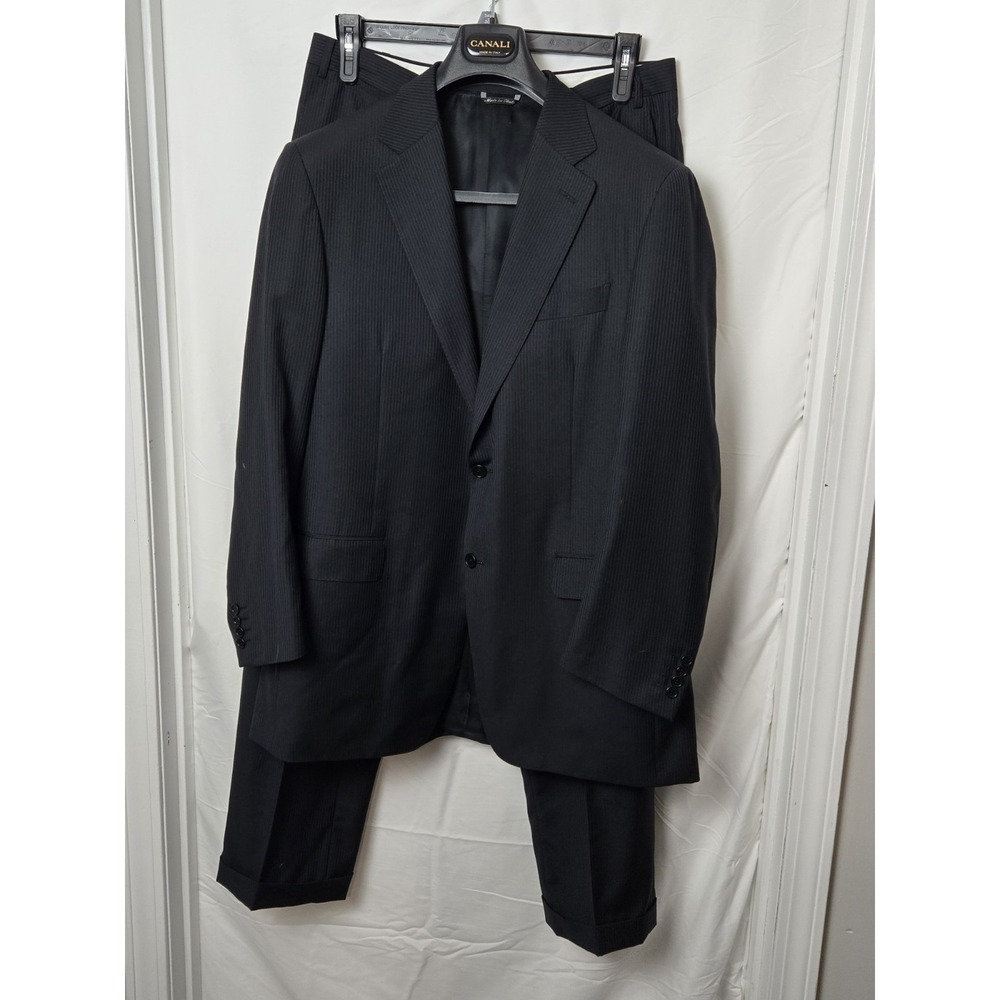 Canali Italy Woolmark Pura Lana Vergine 52 mens blue black pinstripe suit 2‎